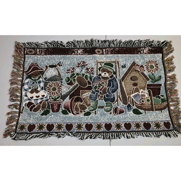 The Unbranded Brand Other - Vintage Tapestry Throw Rug Runner Teddy Bears And Potting Shed 32"x18" Cottage